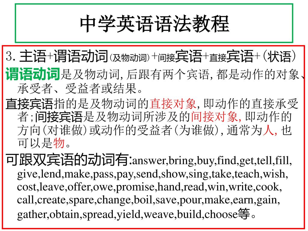 中学英语语法教程 3.主语+谓语动词(及物动词)+间接宾语+直接宾语+(状语)