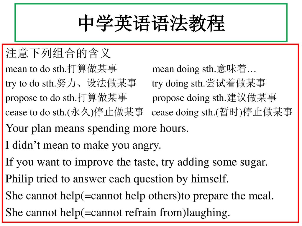 中学英语语法教程 注意下列组合的含义 Your plan means spending more hours.