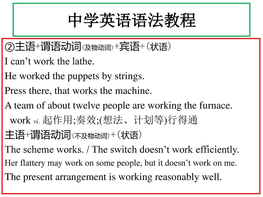 中学英语语法教程 ②主语+谓语动词(及物动词)+宾语+(状语) I can’t work the lathe.