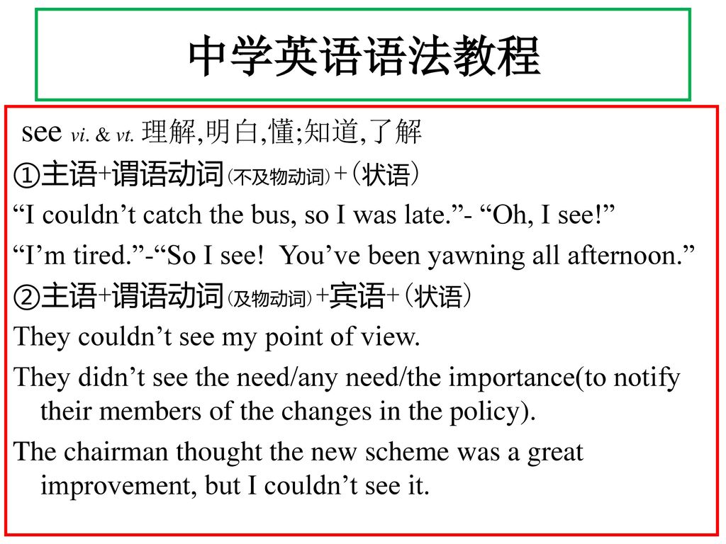 中学英语语法教程 see vi. & vt. 理解,明白,懂;知道,了解 ①主语+谓语动词(不及物动词)+(状语)