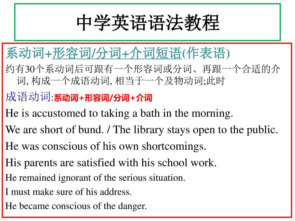 中学英语语法教程 系动词+形容词/分词+介词短语(作表语) 成语动词:系动词+形容词/分词+介词