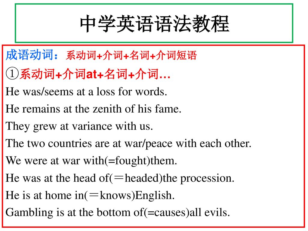 中学英语语法教程 ①系动词+介词at+名词+介词… 成语动词：系动词+介词+名词+介词短语