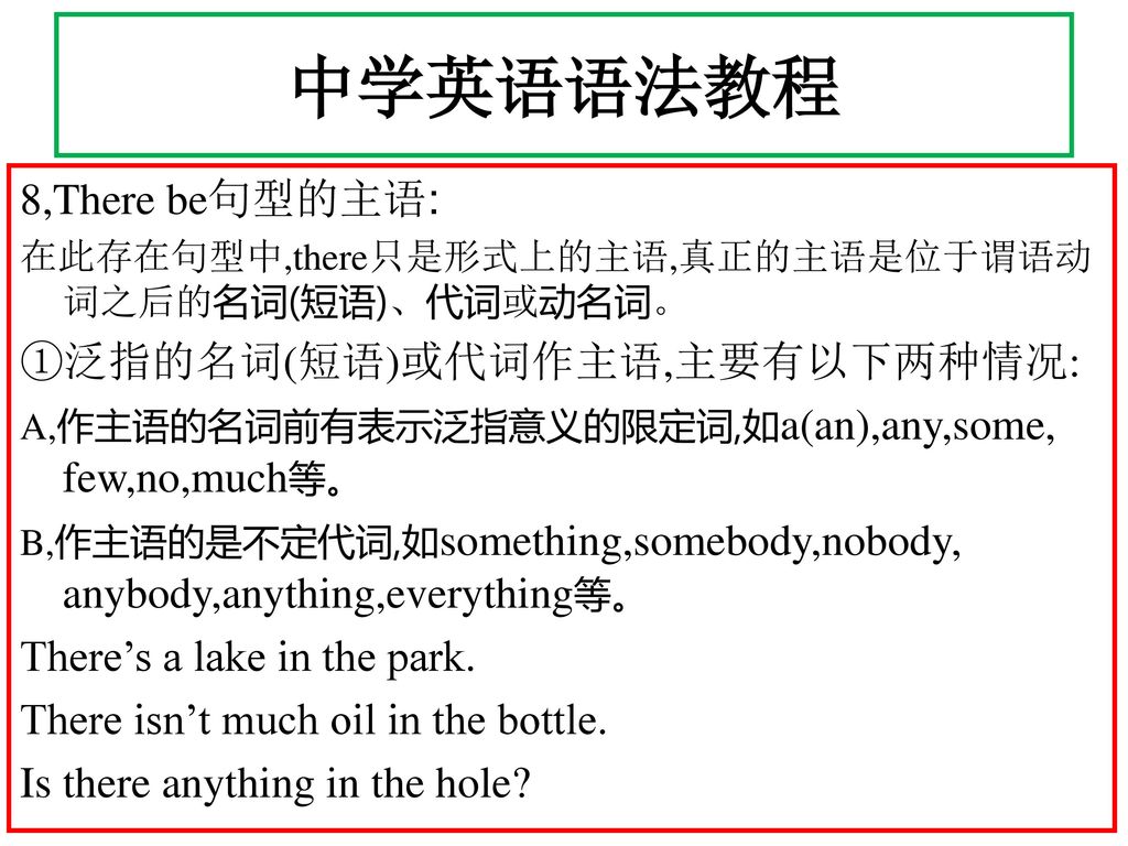 中学英语语法教程 8,There be句型的主语: ①泛指的名词(短语)或代词作主语,主要有以下两种情况: