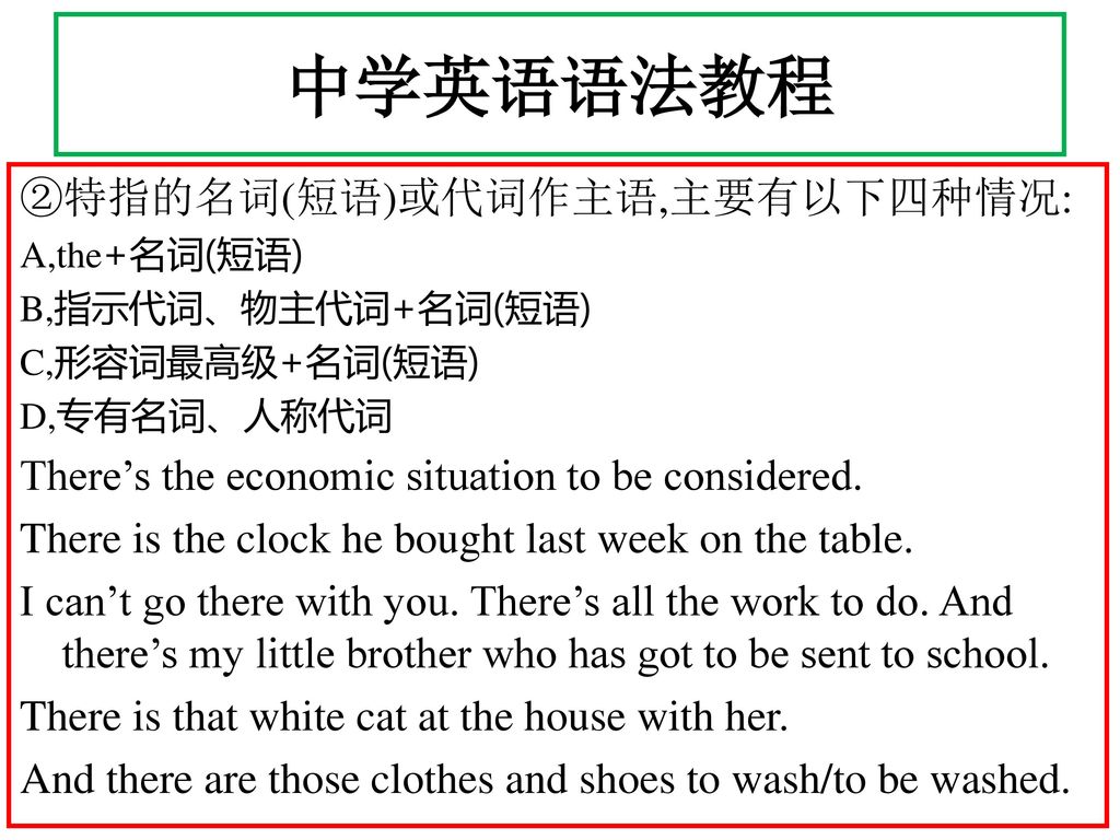 中学英语语法教程 ②特指的名词(短语)或代词作主语,主要有以下四种情况: