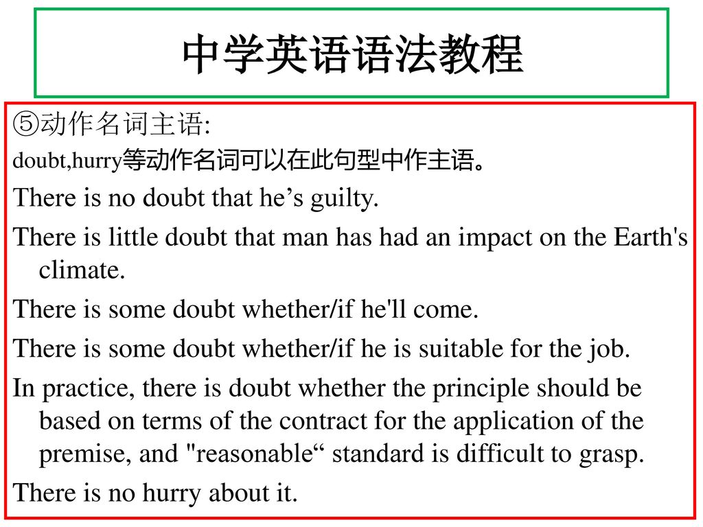 中学英语语法教程 ⑤动作名词主语: There is no doubt that he’s guilty.