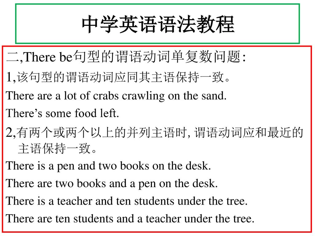 中学英语语法教程 二,There be句型的谓语动词单复数问题: 1,该句型的谓语动词应同其主语保持一致。