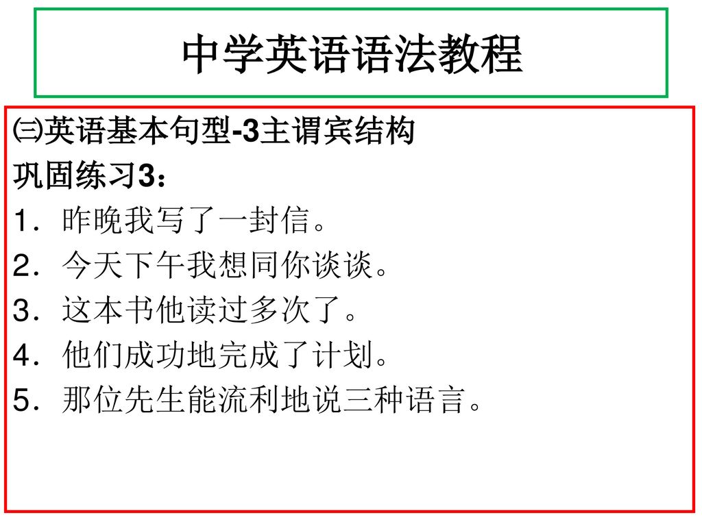 中学英语语法教程 ㈢英语基本句型-3主谓宾结构 巩固练习3： 1．昨晚我写了一封信。 2．今天下午我想同你谈谈。 3．这本书他读过多次了。 4．他们成功地完成了计划。 5．那位先生能流利地说三种语言。