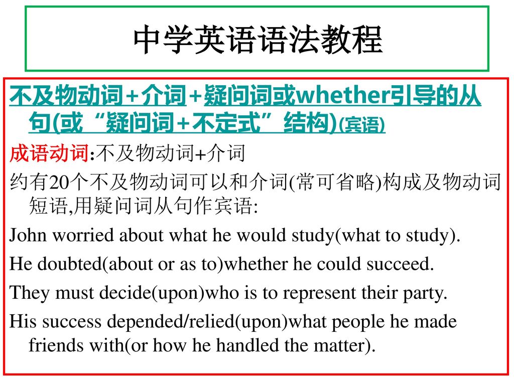 中学英语语法教程 不及物动词+介词+疑问词或whether引导的从句(或 疑问词+不定式 结构)(宾语) 成语动词:不及物动词+介词