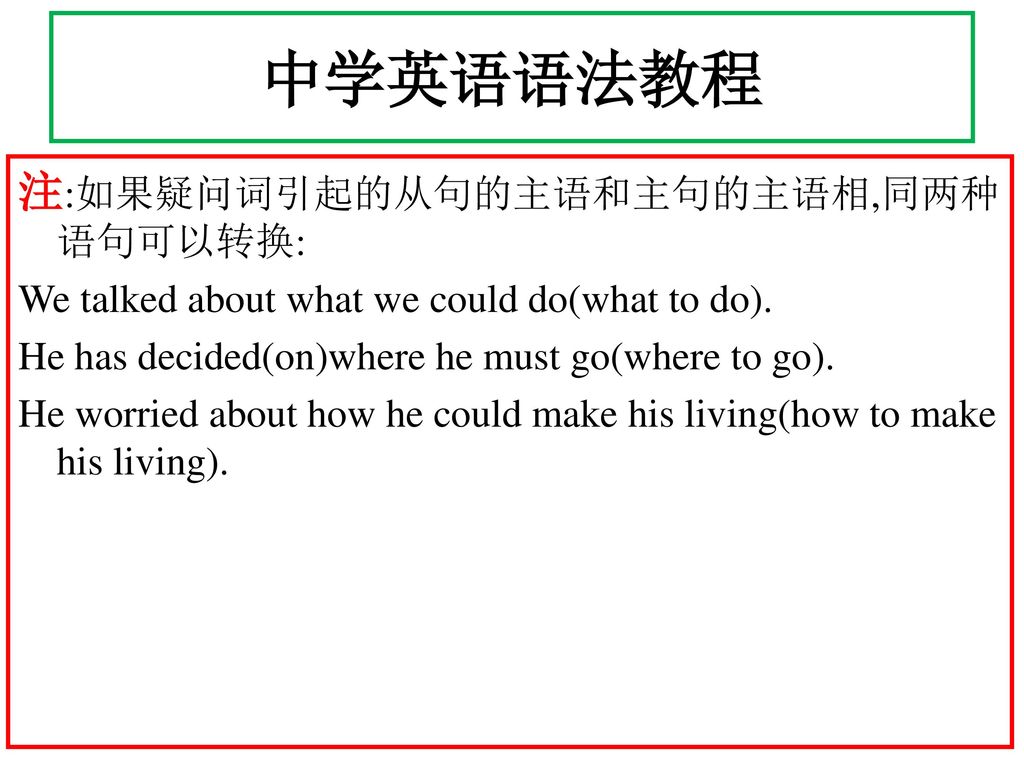 中学英语语法教程 注:如果疑问词引起的从句的主语和主句的主语相,同两种语句可以转换: