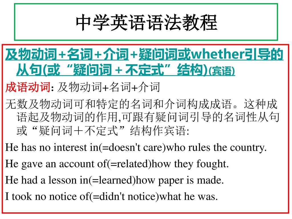 中学英语语法教程 及物动词+名词+介词+疑问词或whether引导的从句(或 疑问词＋不定式 结构)(宾语)