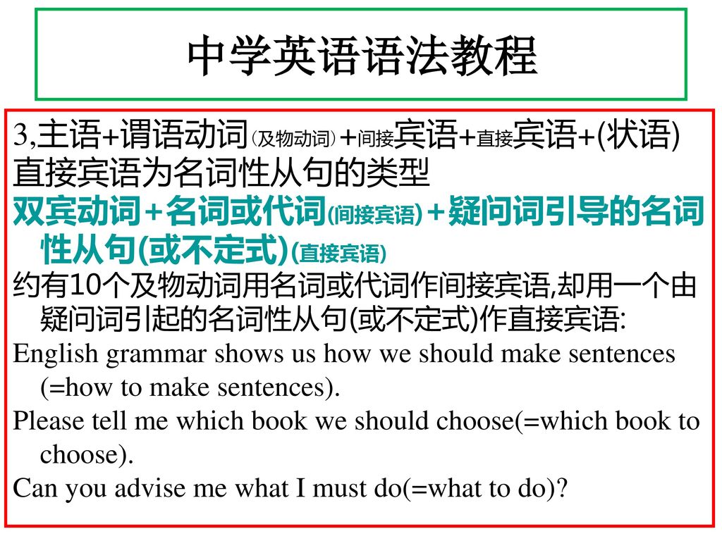 中学英语语法教程 3,主语+谓语动词(及物动词)+间接宾语+直接宾语+(状语) 直接宾语为名词性从句的类型