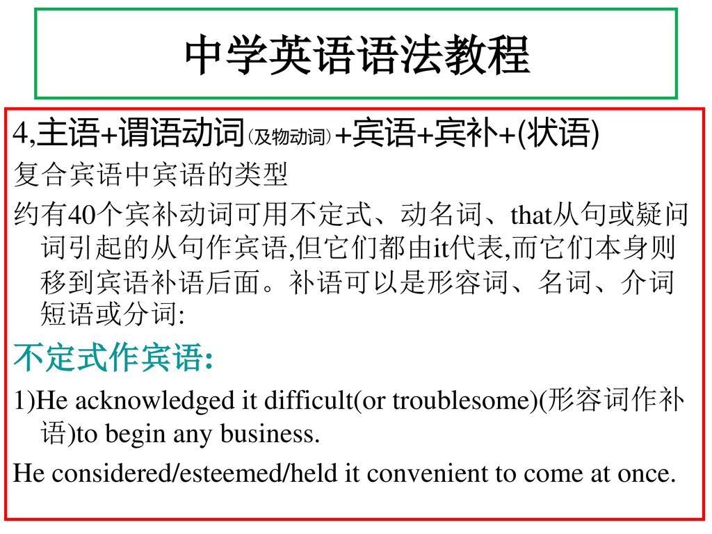 中学英语语法教程 4,主语+谓语动词(及物动词)+宾语+宾补+(状语) 不定式作宾语: 复合宾语中宾语的类型