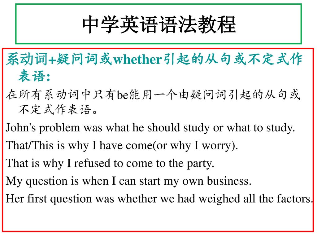 中学英语语法教程 系动词+疑问词或whether引起的从句或不定式作表语: 在所有系动词中只有be能用一个由疑问词引起的从句或不定式作表语。