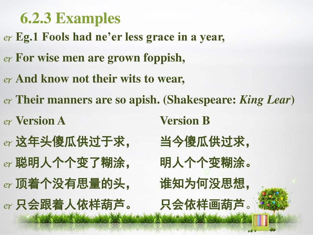 6.2.3 Examples Eg.1 Fools had ne’er less grace in a year,