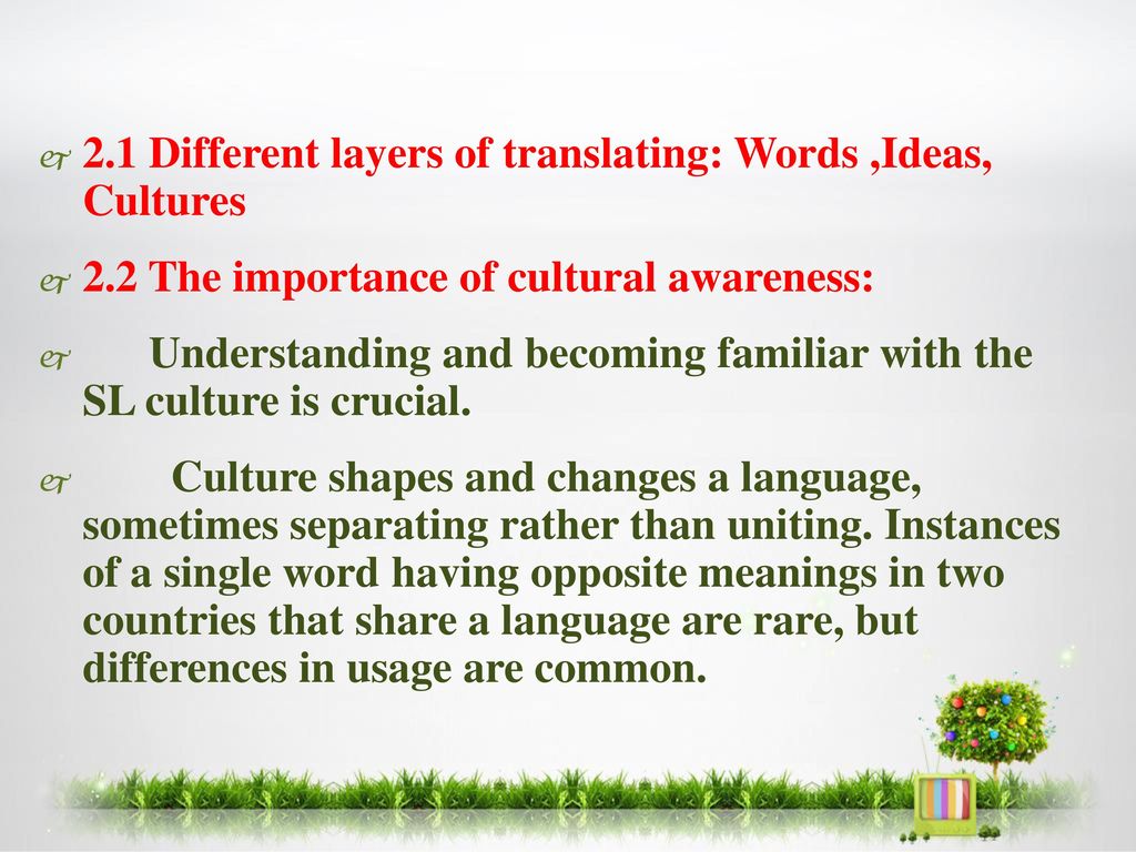 2.1 Different layers of translating: Words ,Ideas, Cultures