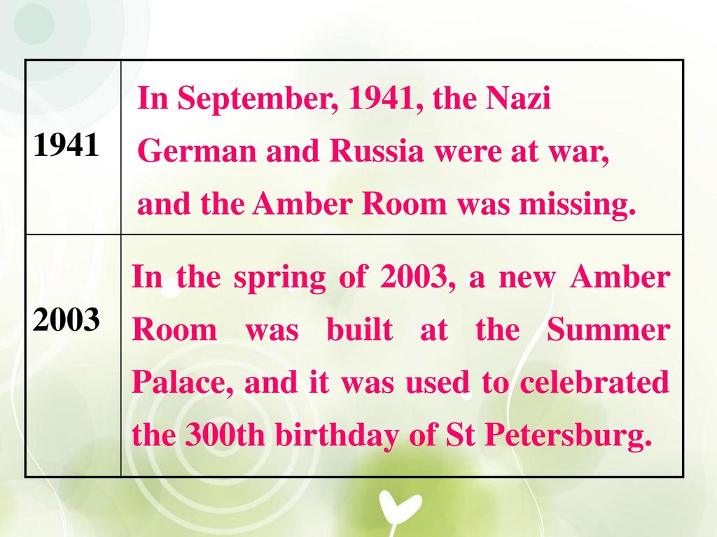 In September, 1941, the Nazi German and Russia were at war, and the Amber Room was missing.