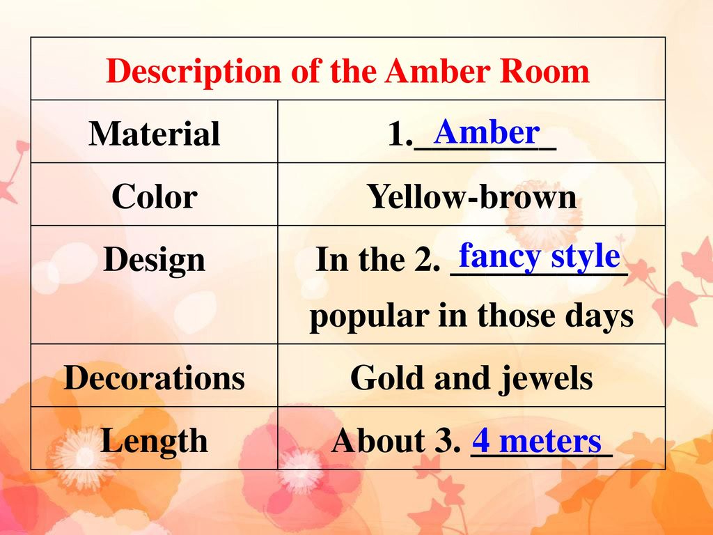 Description of the Amber Room Material 1.________ Color Yellow-brown