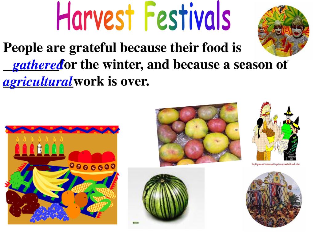 Harvest Festivals People are grateful because their food is ________for the winter, and because a season of __________work is over.
