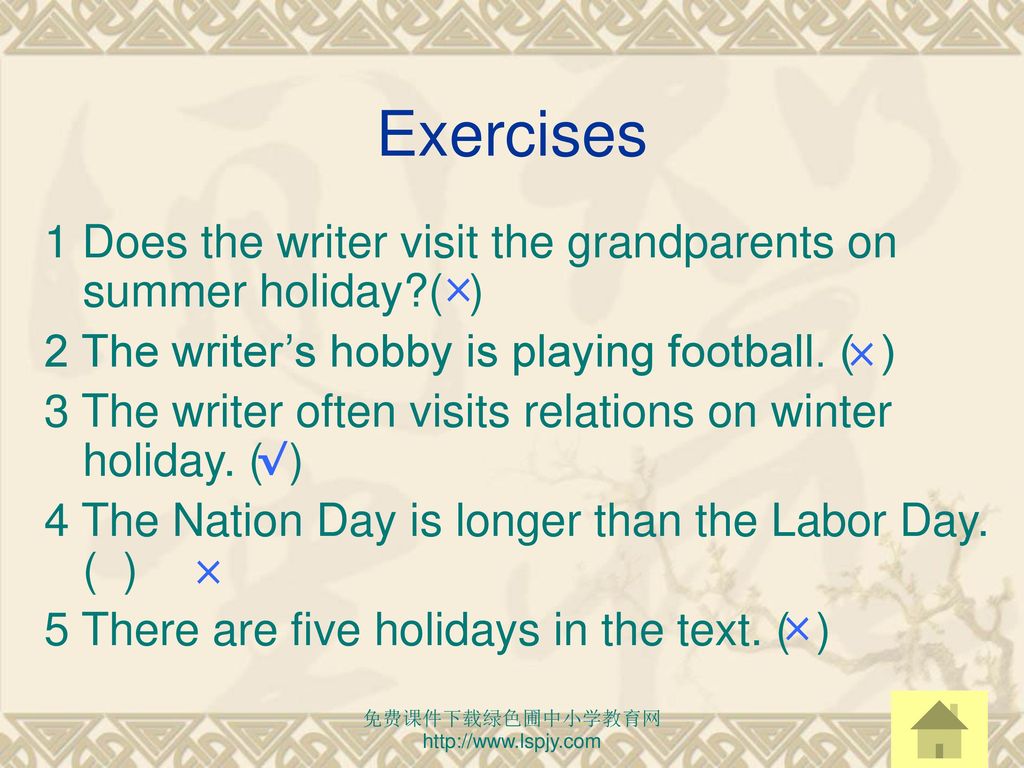 Exercises 1 Does the writer visit the grandparents on summer holiday ( ) 2 The writer’s hobby is playing football. ( )