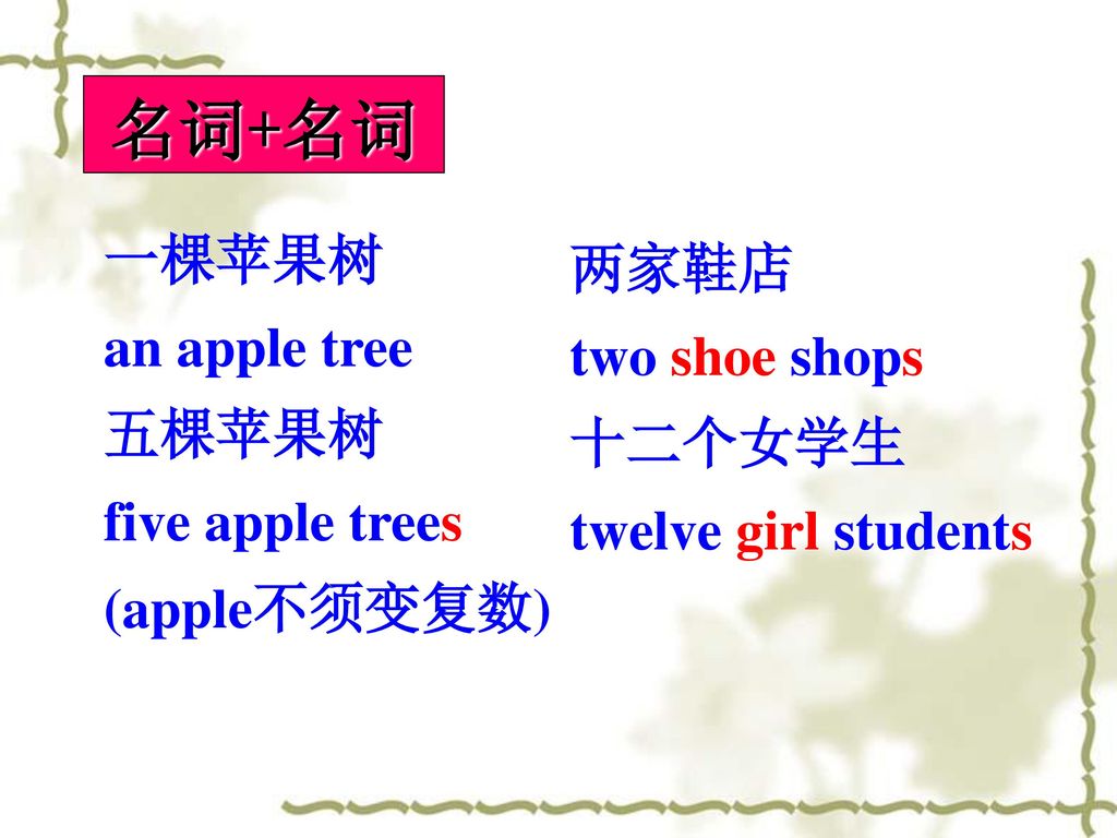 名词+名词 一棵苹果树 an apple tree 两家鞋店 two shoe shops 五棵苹果树 five apple trees