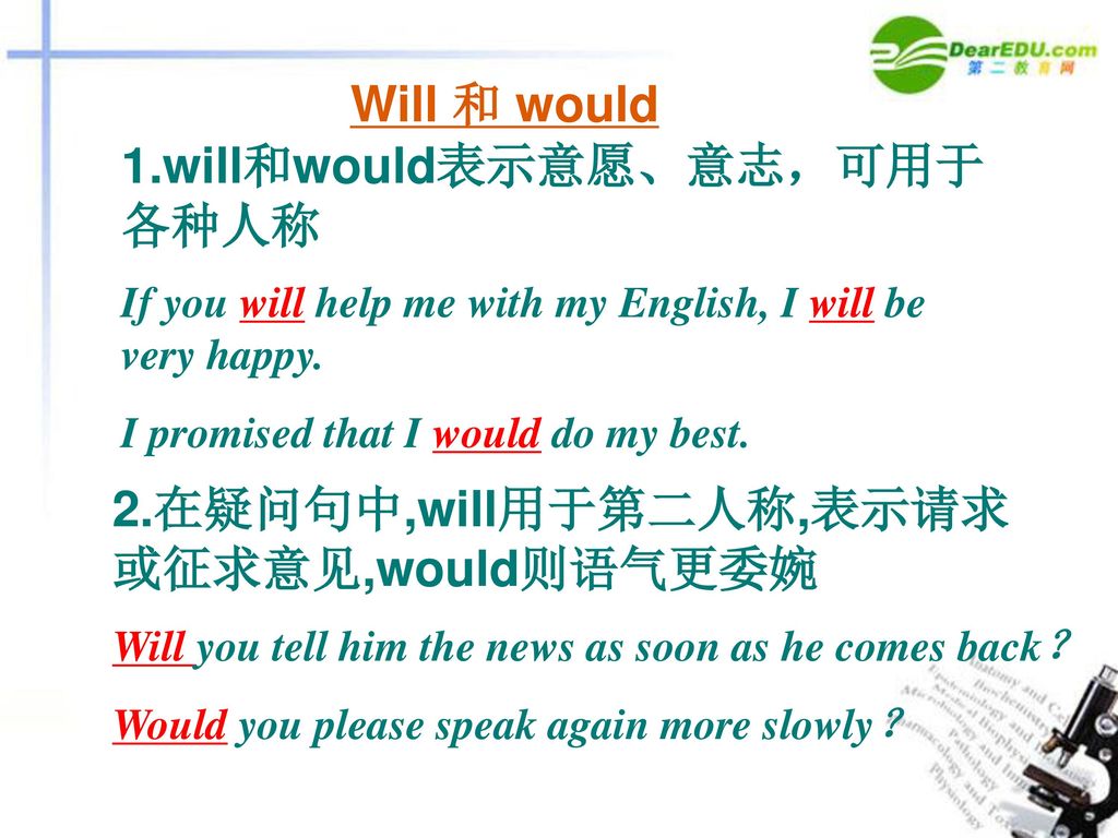 1.will和would表示意愿、意志，可用于各种人称