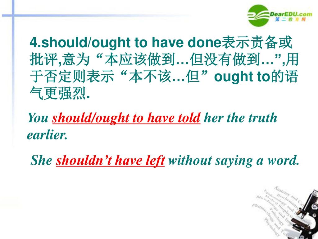 4.should/ought to have done表示责备或批评,意为 本应该做到…但没有做到… ,用于否定则表示 本不该…但 ought to的语气更强烈.