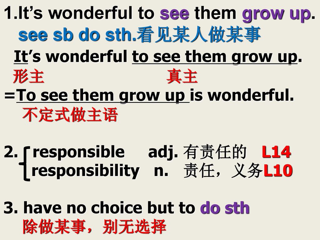 1.It’s wonderful to see them grow up. see sb do sth.看见某人做某事