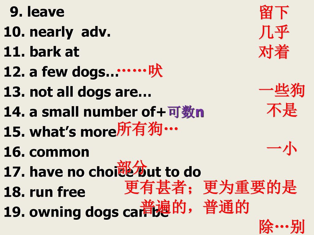 留下 几乎 对着……吠 一些狗 不是所有狗… 一小部分 更有甚者；更为重要的是 普遍的，普通的 除…别无选择 四处自由走动；自由自在