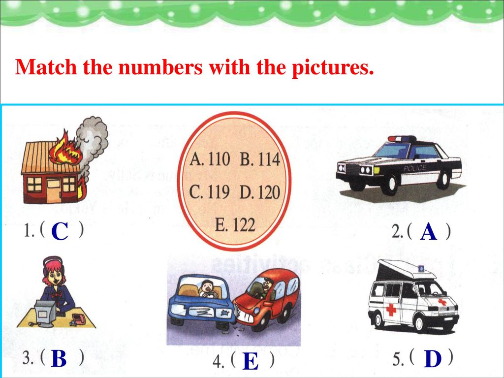 Match the numbers with the pictures.