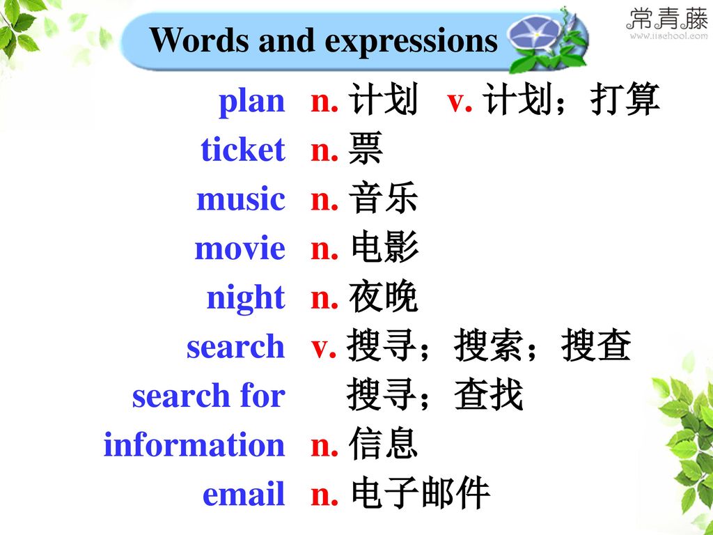 Words and expressions plan. ticket. music. movie. night. search. search for. information.  .