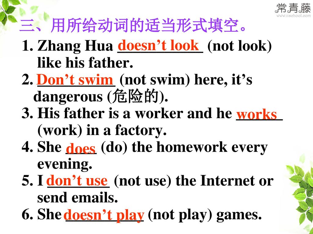 三、用所给动词的适当形式填空。 doesn’t look. 1. Zhang Hua ___________ (not look) like his father. 2. __________ (not swim) here, it’s.
