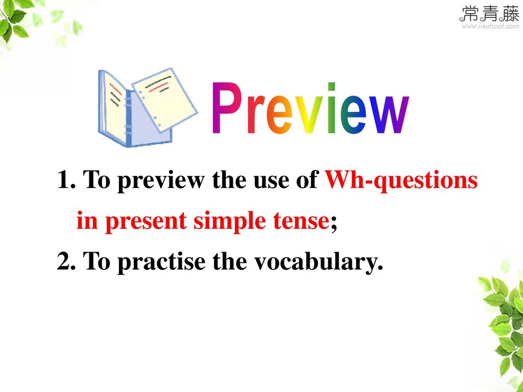 Preview To preview the use of Wh-questions in present simple tense; 2. To practise the vocabulary.