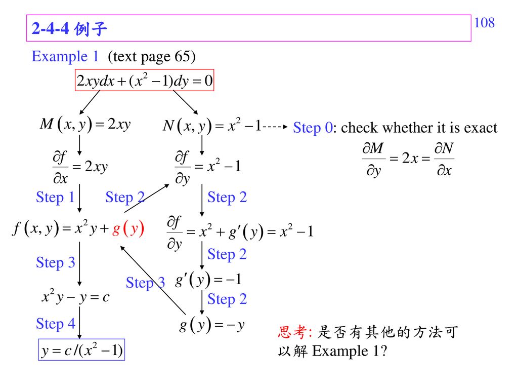 2-4-4 例子 Example 1 (text page 65) Step 0: check whether it is exact