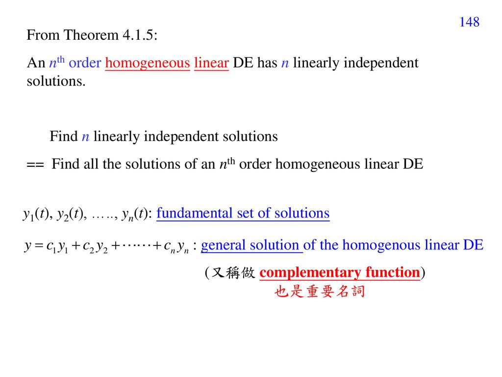 From Theorem 4.1.5: An nth order homogeneous linear DE has n linearly independent solutions. Find n linearly independent solutions.