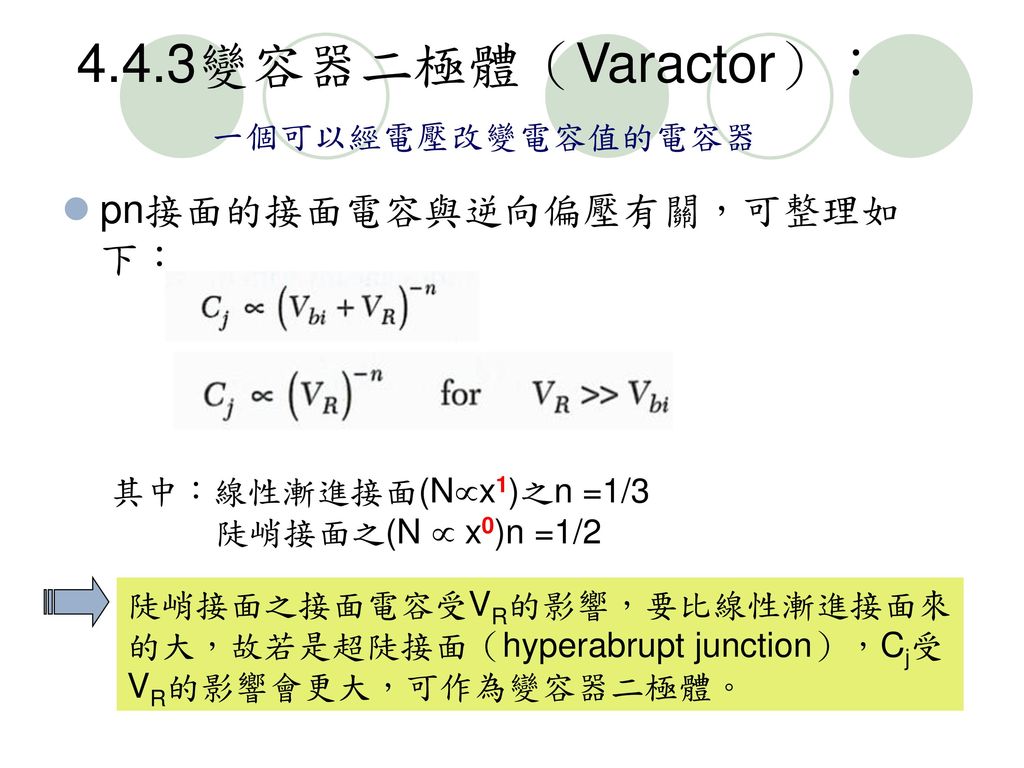 4.4.3變容器二極體（Varactor）： 一個可以經電壓改變電容值的電容器