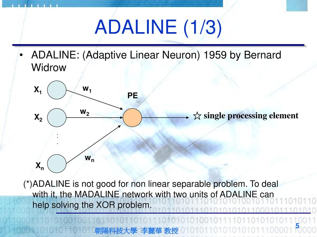 ADALINE (1/3) ADALINE: (Adaptive Linear Neuron) 1959 by Bernard Widrow