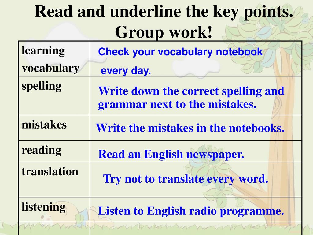 Read and underline the key points. Group work!