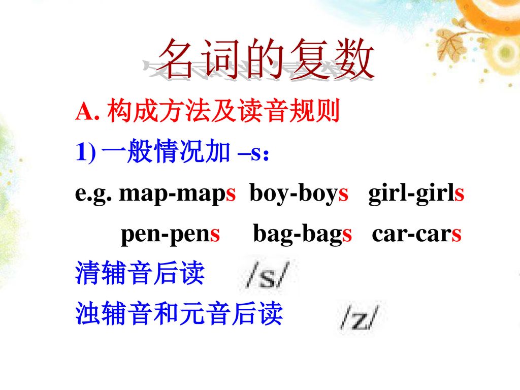 名词的复数 A. 构成方法及读音规则 一般情况加 –s： e.g. map-maps boy-boys girl-girls