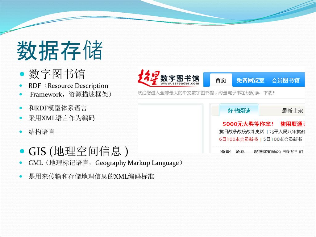 数据存储 数字图书馆 GIS (地理空间信息 ) RDF（Resource Description Framework，资源描述框架）