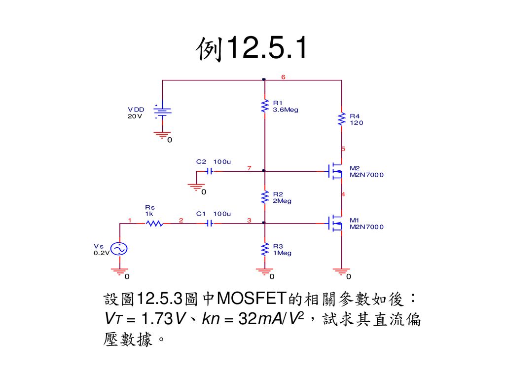 例 設圖12.5.3圖中MOSFET的相關參數如後：VT = 1.73V、kn = 32mA/V2，試求其直流偏壓數據。
