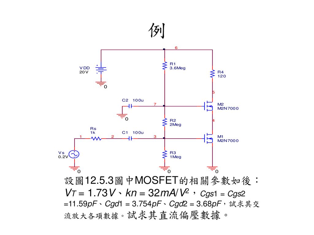 例 設圖12.5.3圖中MOSFET的相關參數如後：VT = 1.73V、kn = 32mA/V2，Cgs1 = Cgs2 =11.59pF、Cgd1 = 3.754pF、Cgd2 = 3.68pF，試求其交流放大各項數據。試求其直流偏壓數據。