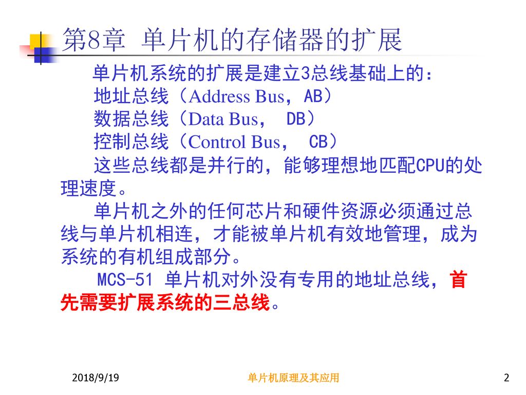 第8章 单片机的存储器的扩展 单片机系统的扩展是建立3总线基础上的： 地址总线（Address Bus，AB）