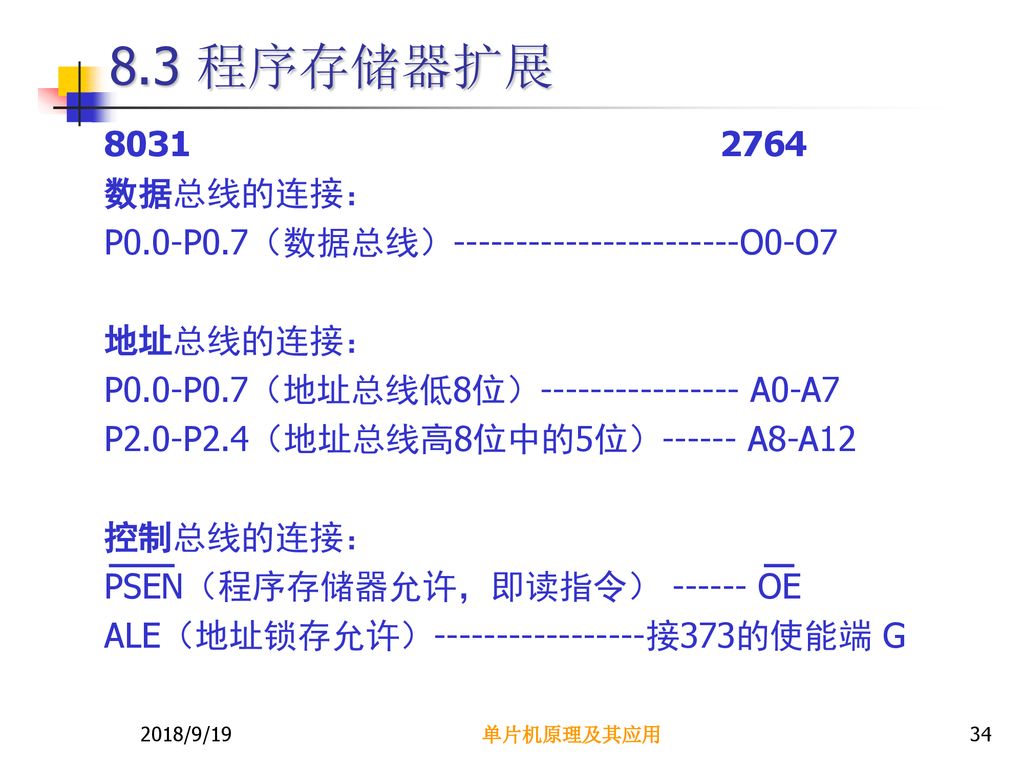 8.3 程序存储器扩展 数据总线的连接： P0.0-P0.7（数据总线） O0-O7.