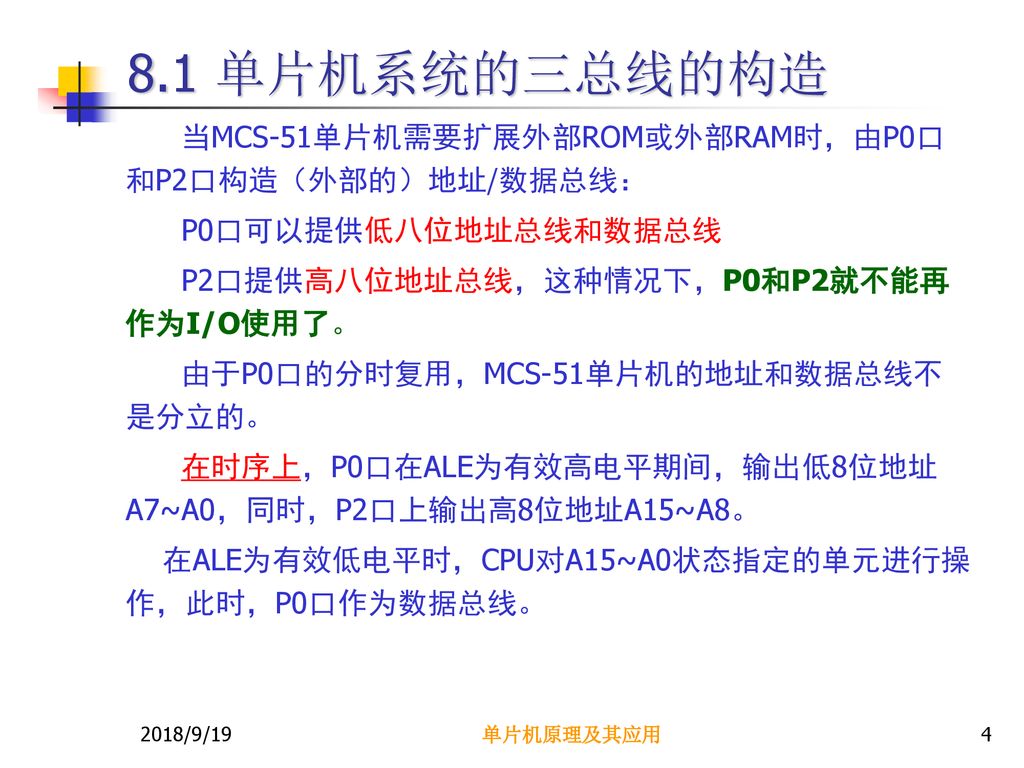 8.1 单片机系统的三总线的构造 当MCS-51单片机需要扩展外部ROM或外部RAM时，由P0口和P2口构造（外部的）地址/数据总线：