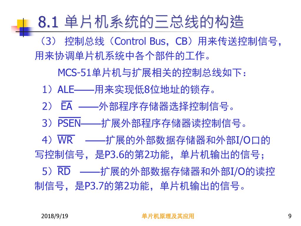 8.1 单片机系统的三总线的构造 （3） 控制总线（Control Bus，CB）用来传送控制信号，用来协调单片机系统中各个部件的工作。