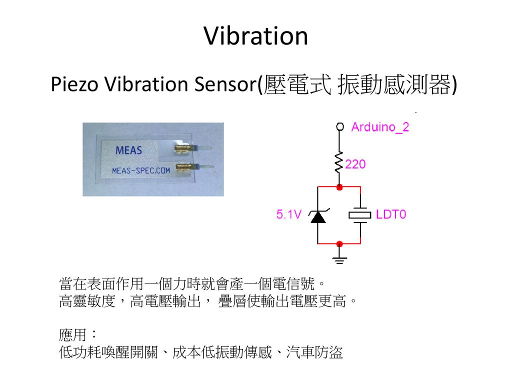 Vibration Piezo Vibration Sensor(壓電式 振動感測器) 當在表面作用一個力時就會產一個電信號。