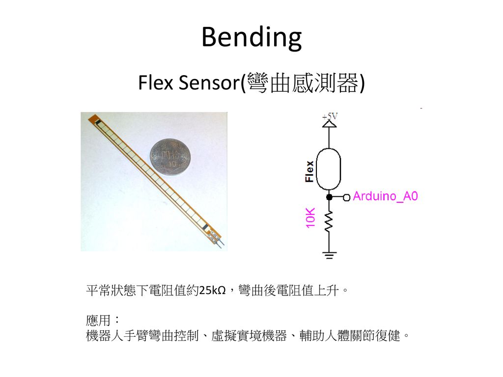 Bending Flex Sensor(彎曲感測器) 平常狀態下電阻值約25kΩ，彎曲後電阻值上升。 應用：