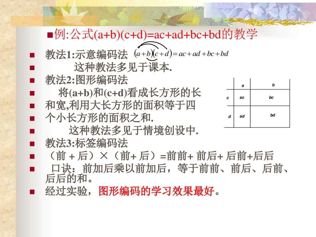 例:公式(a+b)(c+d)=ac+ad+bc+bd的教学