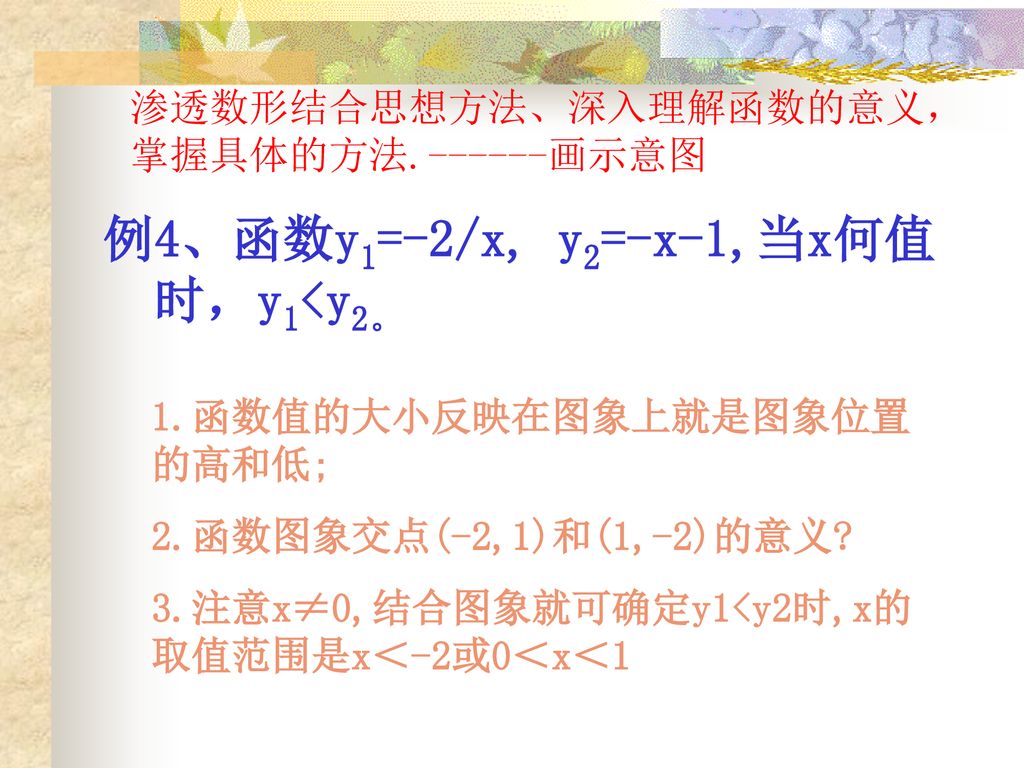 渗透数形结合思想方法、深入理解函数的意义，掌握具体的方法 画示意图