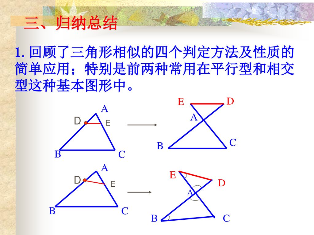 三、归纳总结 1.回顾了三角形相似的四个判定方法及性质的 简单应用；特别是前两种常用在平行型和相交 型这种基本图形中。 B C A D E